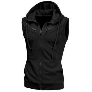 Sleeveless Slim Fit Hoodie Vest Zipper Drawstring Gilet Jacket with Pocket Black